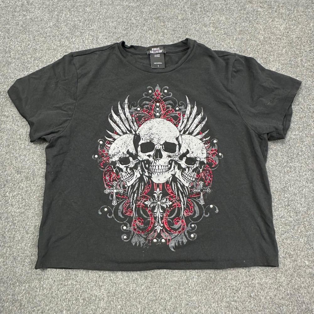 Social Collision Winged Skull Rhinestone Baby Tee Womens 1 Black Gothic Y2K